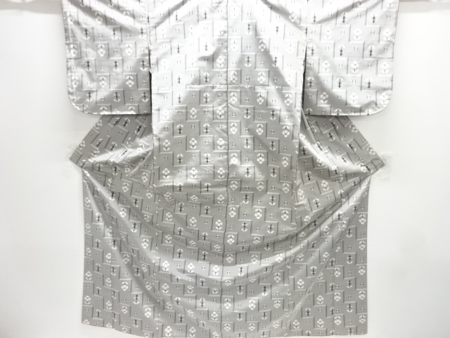 未使用品　幾何学に花模様織り出し手織り紬着物アンサンブル